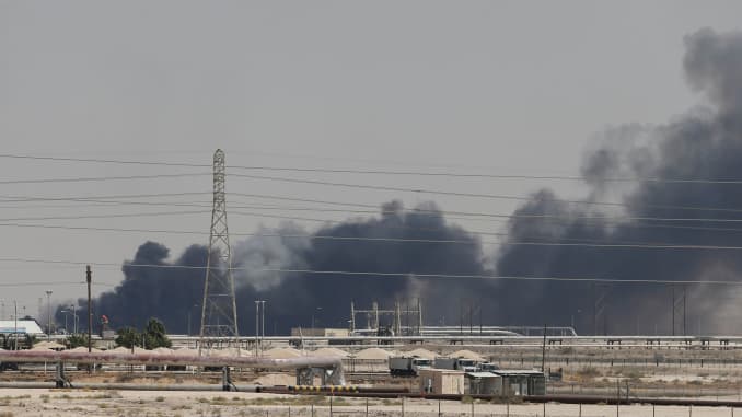 Smoke is seen following a fire at Aramco facility in the eastern city of Abqaiq, Saudi Arabia, September 14, 2019.