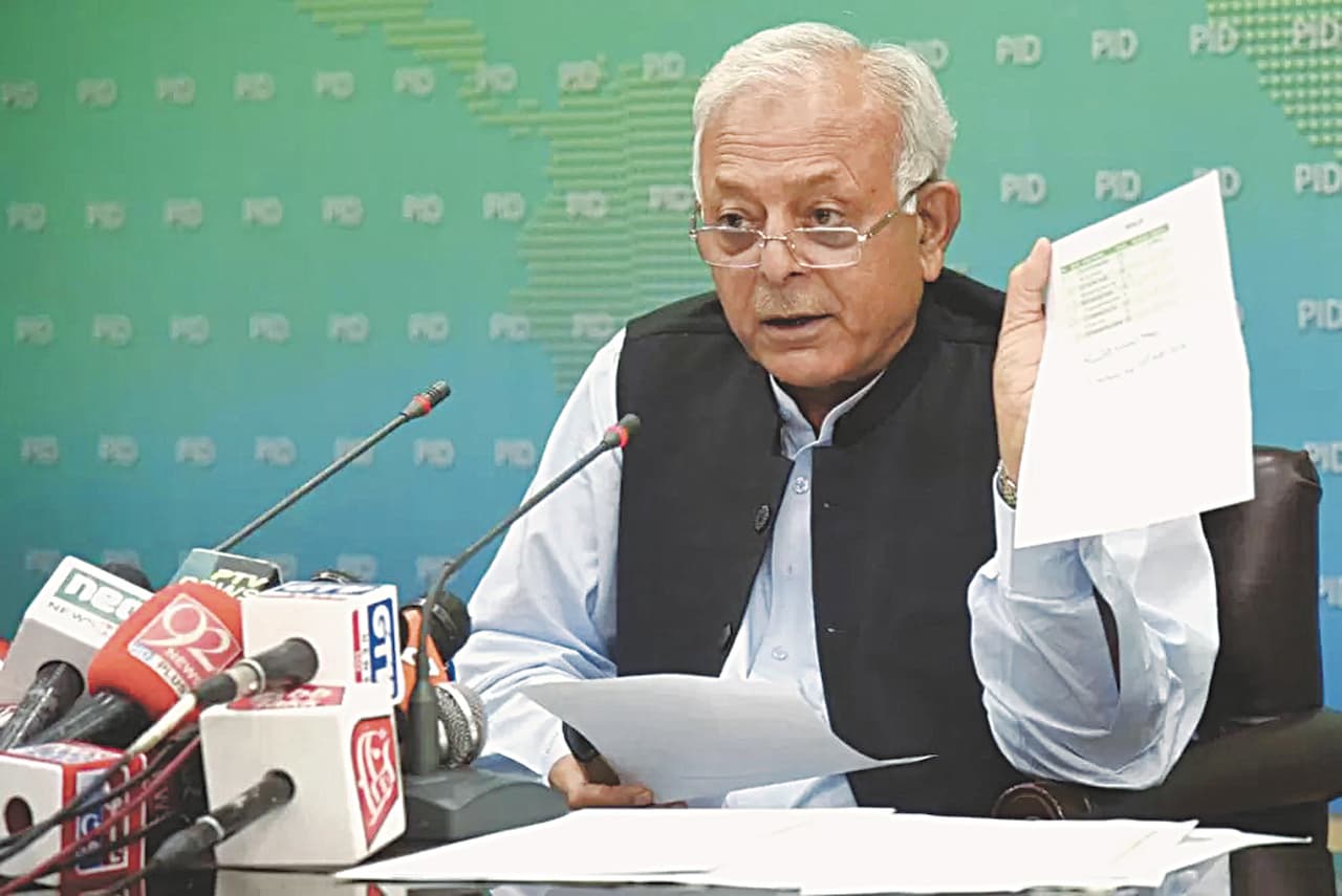 Federal Minister for Aviation, Ghulam Sarwar Khan, speaks to the media