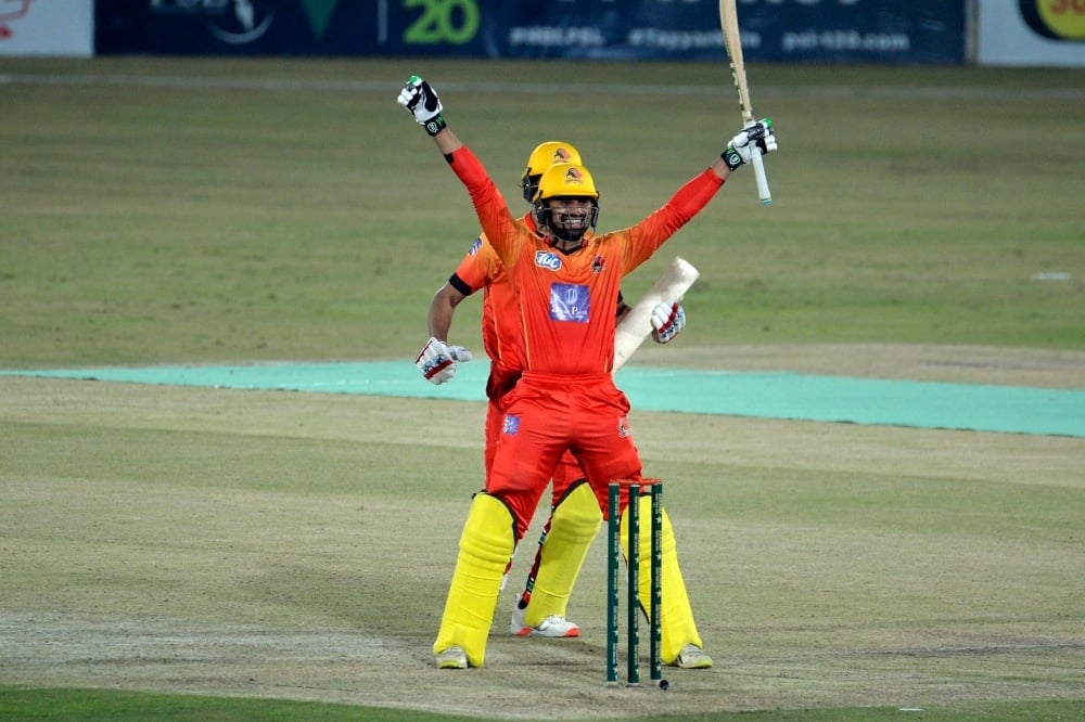 Danish Aziz celebrates after hitting a match-winning last-ball six, Khyber Pakhtunkhwa vs Sindh, National T20 Cup, Rawalpindi, October 13, 2020. — Photo courtesy PCB