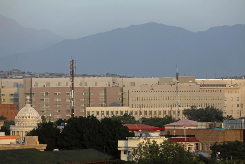 The U.S. Embassy dominates the skyline in Kabul, Afghanistan, Saturday, July 3, 2021. As America’s “forever war” rapidly winds down, the U.S. Embassy and other diplomatic missions in Kabul are looking at a worsening security situation and how to respond. There is still no deal on securing operations at Kabul’s international airport, a prerequisite for a continued presence of foreign diplomats and aid workers in Afghanistan. (AP Photo/Rahmat Gul)