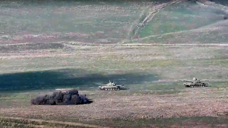 In this image taken from footage released by Armenian Defence Ministry on Sept 27, Armenian forces destroy Azerbaijani military vehicle at the contact line of the self-proclaimed Republic of Nagorno-Karabakh, Azerbaijan. — AP