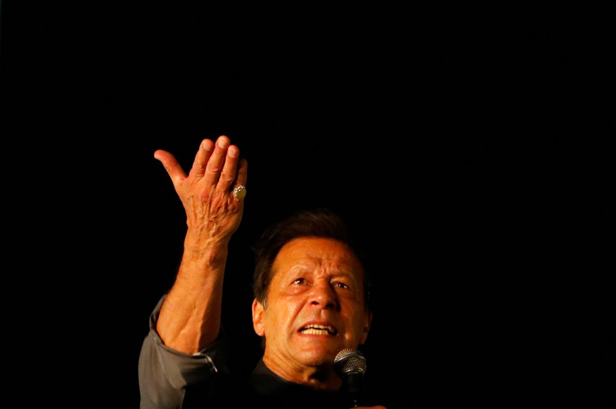 ousted pakistani prime minister imran khan gestures as he addresses supporters during a rally in karachi pakistan april 16 2022 reuters akhtar soomro