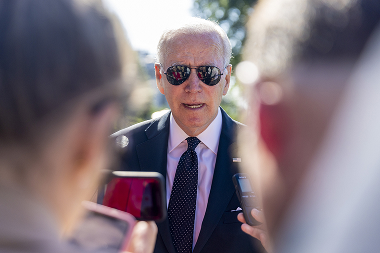 President Joe Biden speaks to the media on the south lawn of the White House today in Washington, DC. 