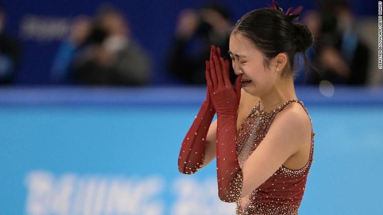 China's Zhu Yi cries after competing in the women's single skating free skating during the Beijing 2022 Winter Olympic Games on February 7, 2022.