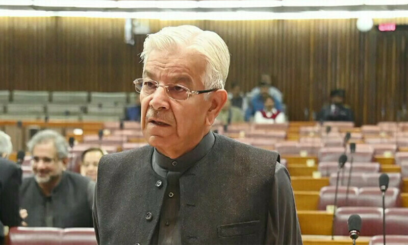 <p>Defense Minister Khawaja Asif addressing the National Assembly on Friday. — screengrab from video posted on NAofPakistan/Twitter</p>