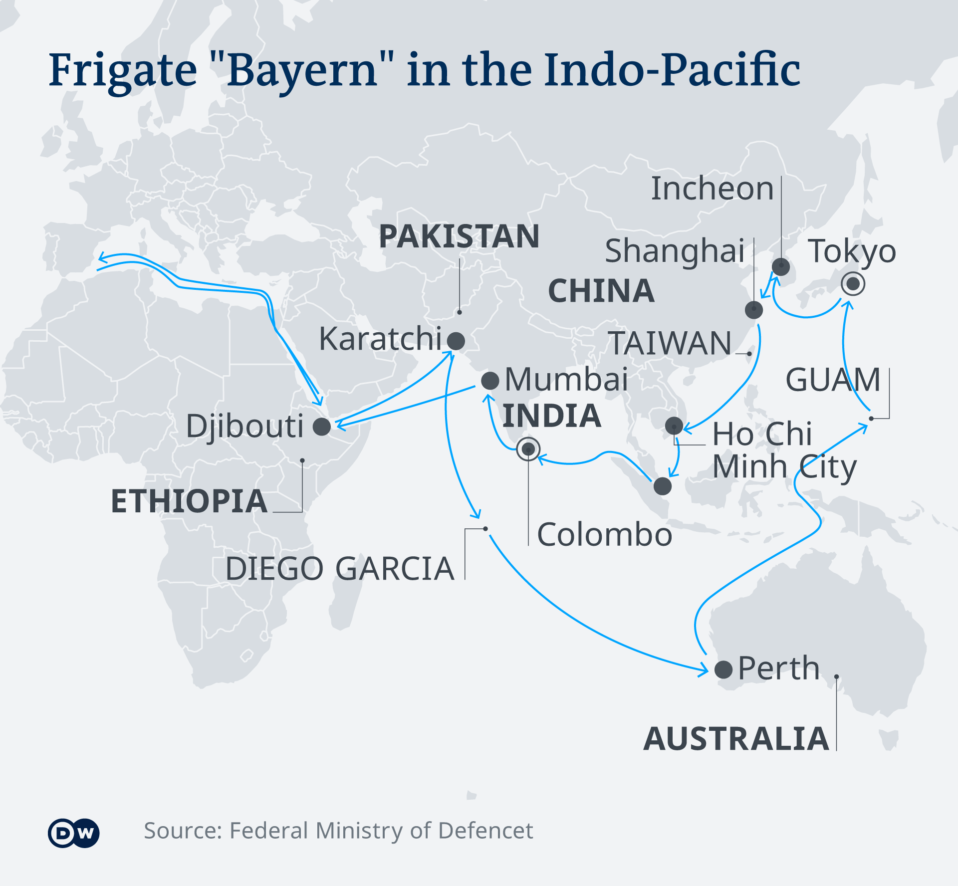 A map showing the planned route of the Bayern ship