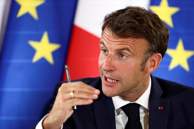 French President Emmanuel Macron delivers his closing speech at the conference on European air and missile defense at the Invalides monument in Paris, Monday, June 19, 2023.