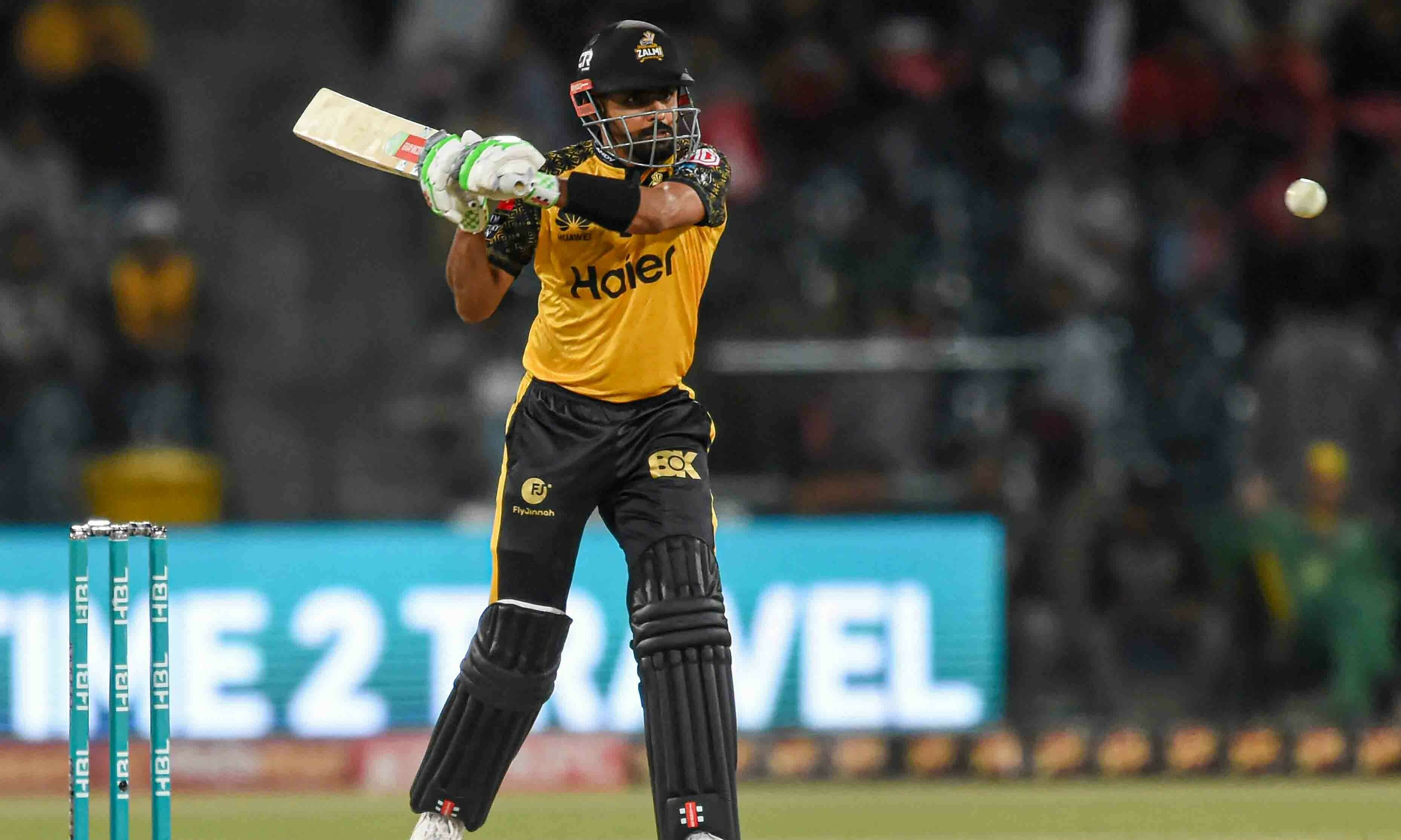 <p>Peshawar Zalmi’s Babar Azam plays a shot during the Pakistan Super League (PSL) Twenty20  cricket eliminator match between Peshawar Zalmi and Islamabad United at the Gaddafi Cricket Stadium in Lahore on March 16. — AFP</p>