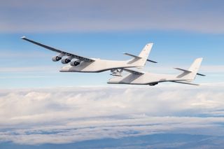 Stratolaunch's Roc launch platform carries the Talon-A separation test vehicle during its second captive-carry flight on Jan. 13, 2023.