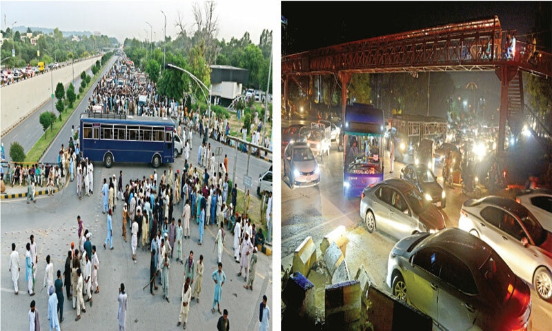 Protesters assemble on Faisal Avenue as a police van blocks the road while traffic is being diverted towards G-8 in Islamabad due to the protest by farmers on Wednesday. — Photos by Mohammad Asim