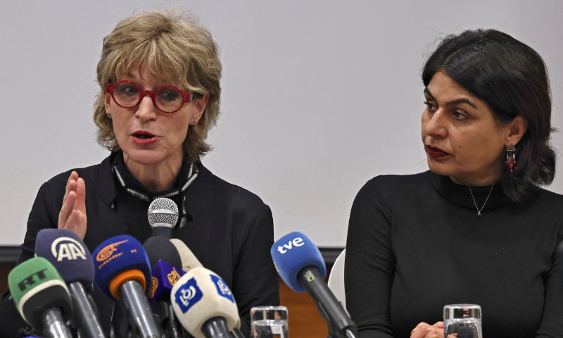 Secretary General of Amnesty International Agnes Callamard (L) speaks during a press conference as activist Orly Noy (R) looks on in Jerusalem, on Tuesday. — AFP