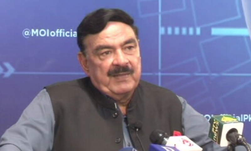 Interior Minister Sheikh Rashid addresses a press conference in Islamabad. — DawnNewsTv