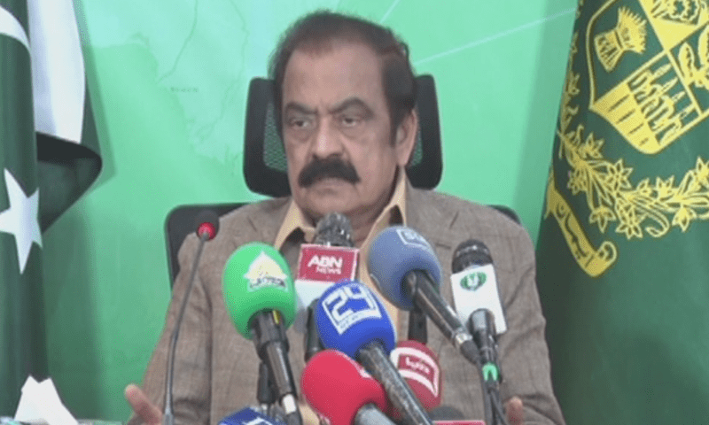 <p>Interior Minister Rana Sanaullah addresses a press conference in Islamabad on Thursday. — DawnNewsTV</p>