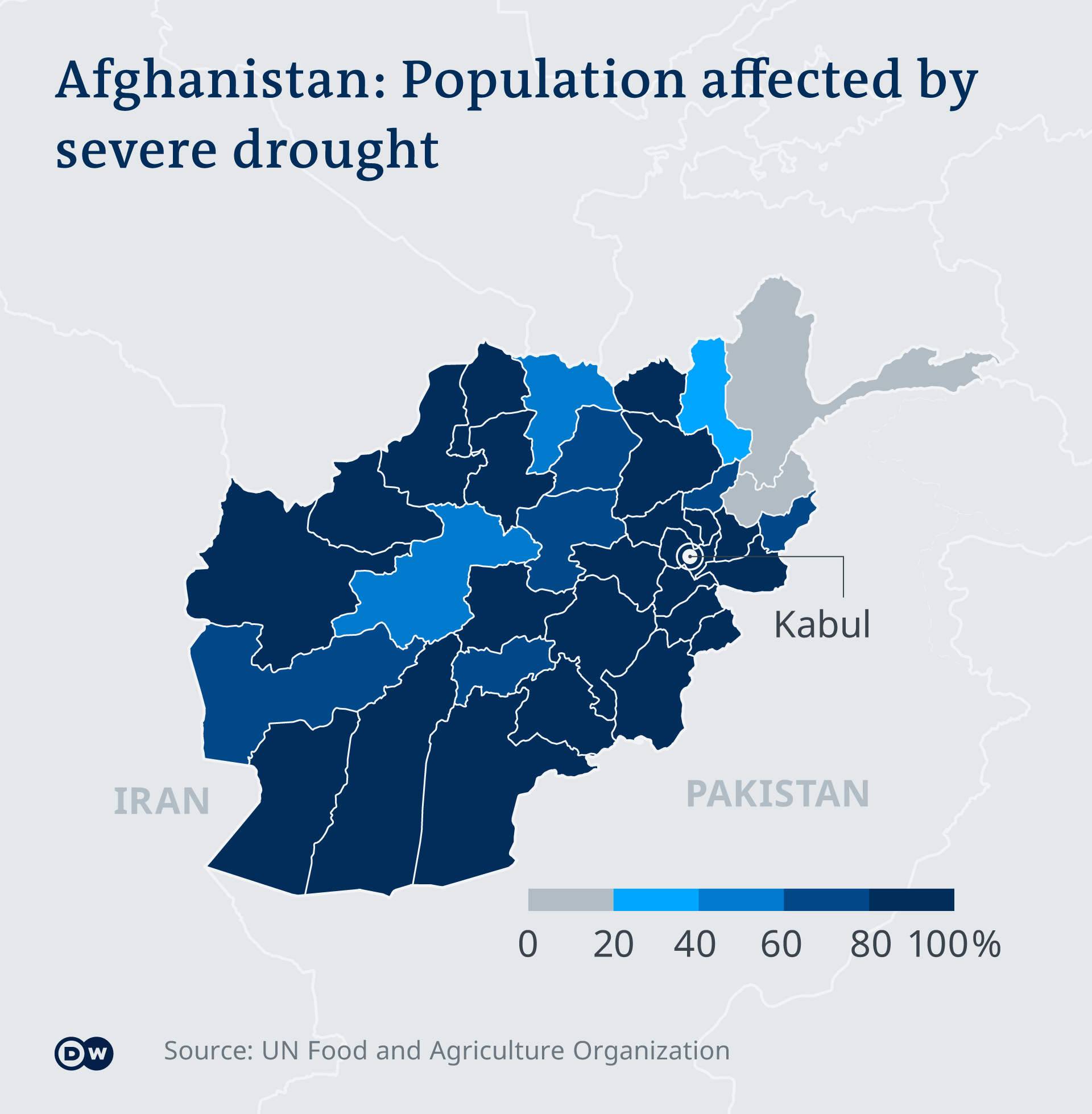 An infographic map of Afghanistan showing where severe drought affects the population