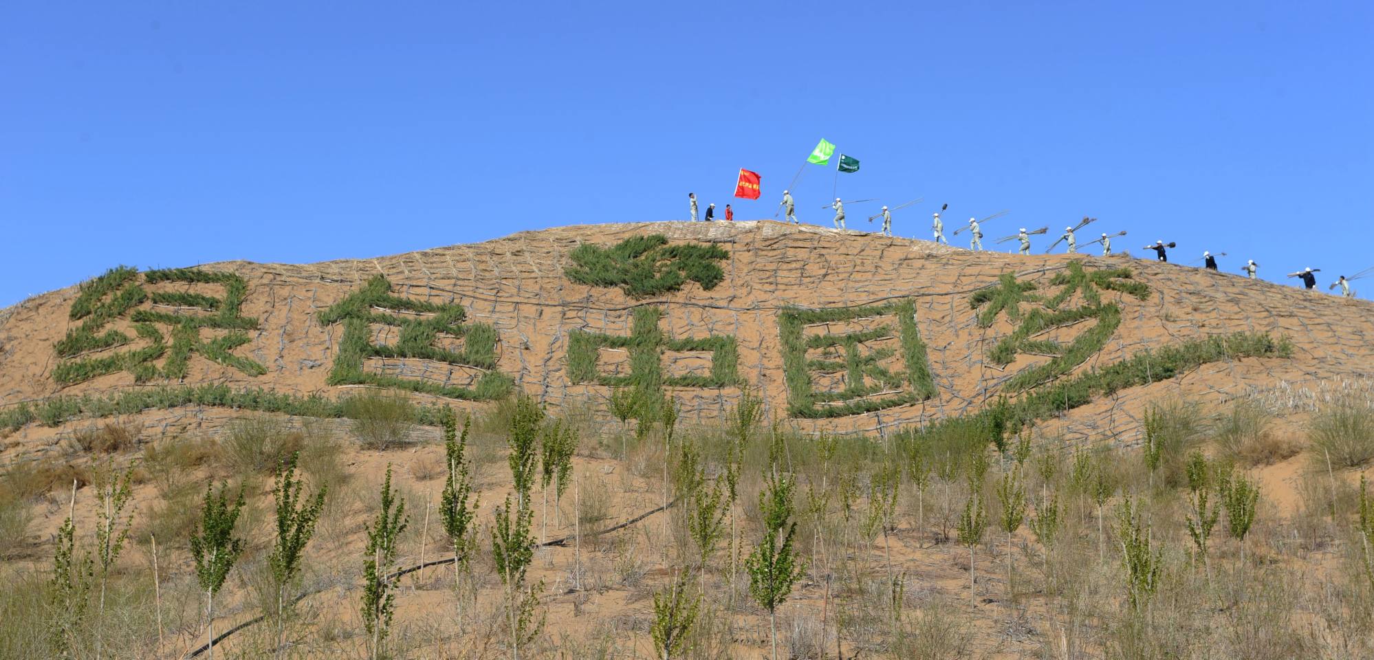 Huge Chinese characters, meaning Green Chinese Dream, on a mountain in Erdos city, Inner Mongolia on Apr 22, 2014. Photo: China Foto Press