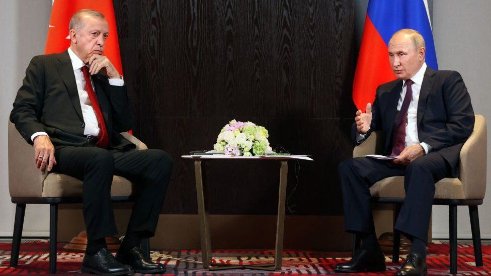 Russian President Vladimir Putin meets with Turkish President Recep Tayyip Erdogan on the sidelines of the Shanghai Cooperation Organisation (SCO) leaders' summit in Samarkand on September 16, 2022.