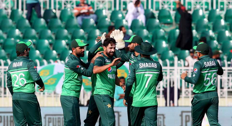 Haris Rauf celebrates the wicket of Chad Bowes