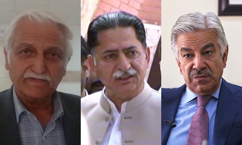 A combination photo of PPP secretary general Farhatullah Babar and PML-N leaders Javed Latif and Khwaja Asif. — DawnNews/DawnNewsTV/Reuters