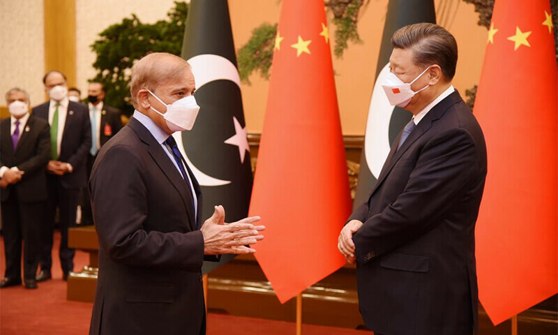 Prime Minister Shehbaz Sharif interacts with Chinese President Xi Jinping on Wednesday.—@Marriyum_A/Twitter