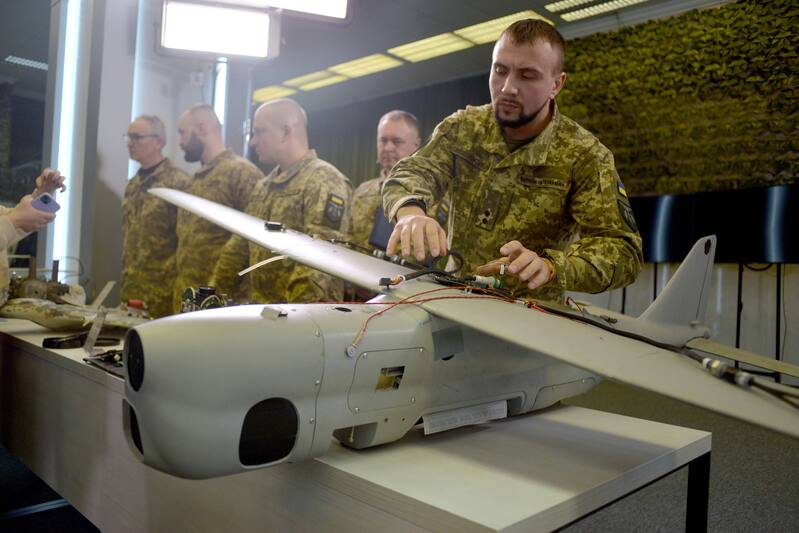 KYIV, UKRAINE - DECEMBER 15, 2022 - Demonstration of the fragments of UAV used by Russia against Ukraine at the Military