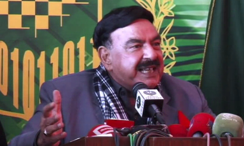 Sheikh Rashid speaks to the media in Rawalpindi on Saturday. — DawnNewsTV