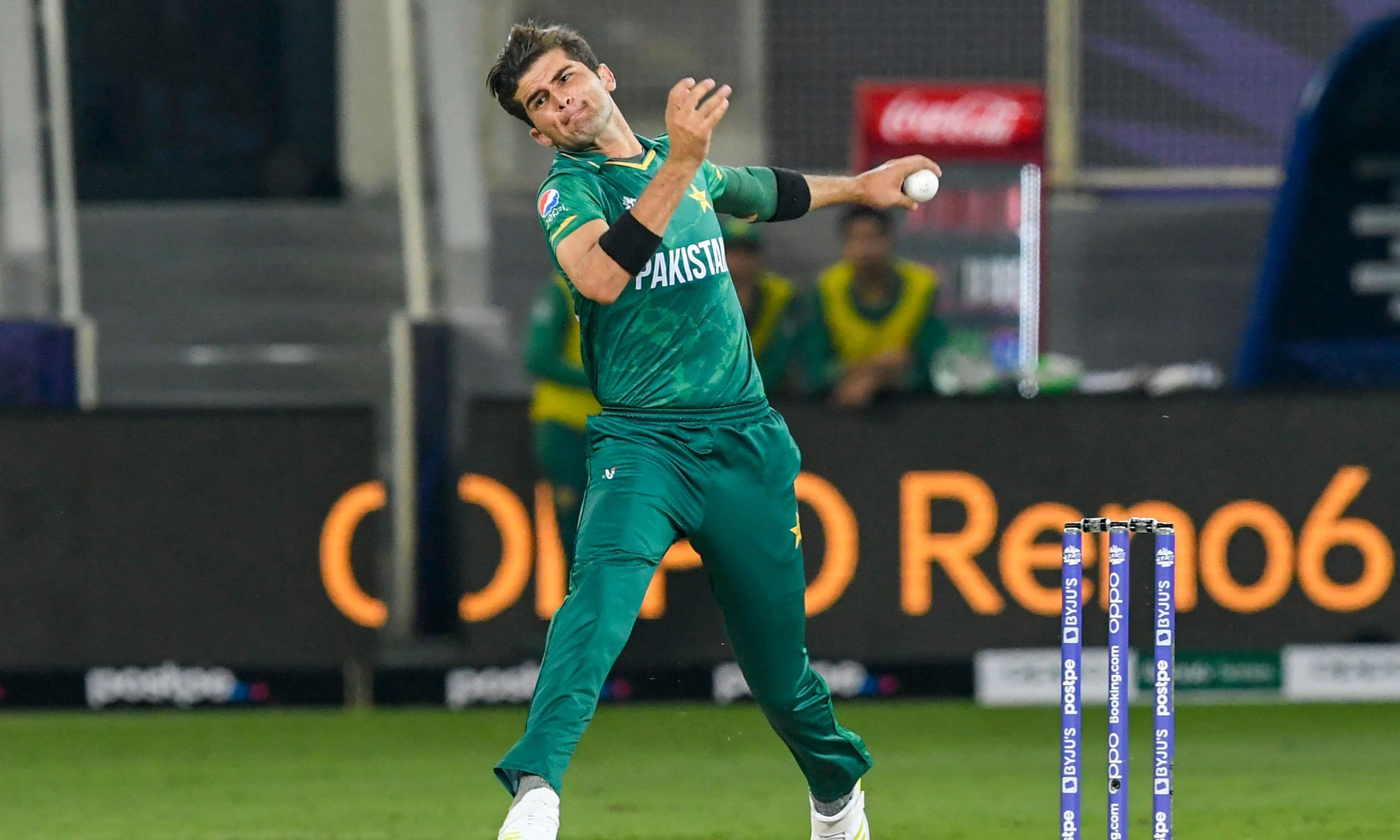 Shaheen Shah Afridi delivers a ball during the ICC men’s Twenty20 World Cup cricket match between India and Pakistan at the Dubai International Cricket Stadium in Dubai, UAE on October 24, 2021. — AFP