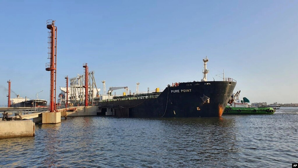 FILE - In this photo released by Karachi Port Trust, a Russian ship carrying oil is anchored at a port in Karachi, Pakistan, June 11, 2023.