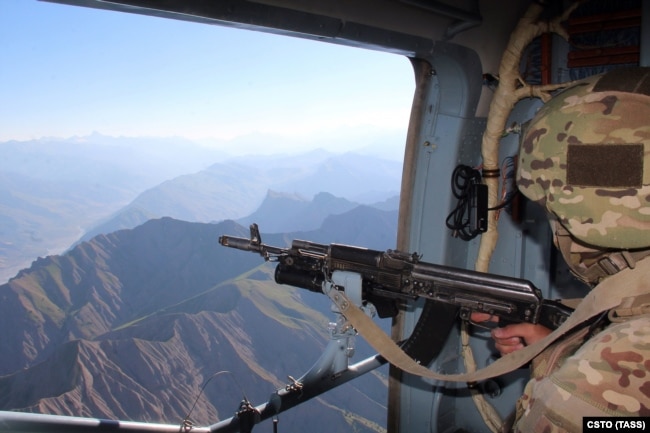 CSTO troops on the lookout over the Tajik-Afghan border in July.