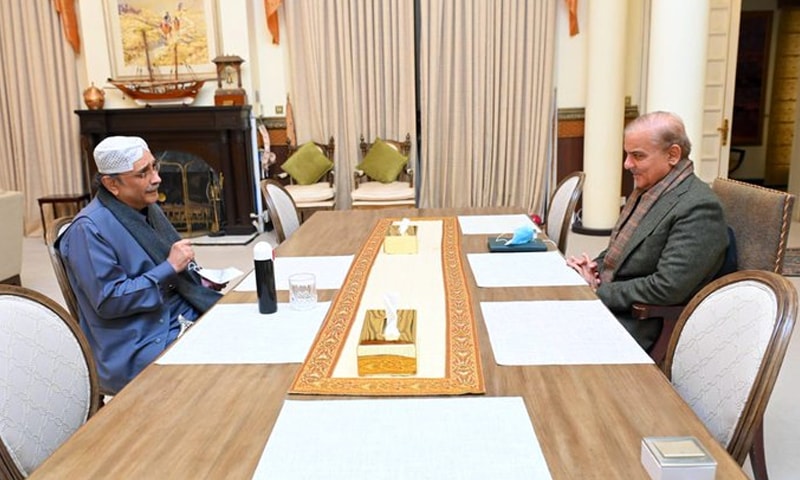 Prime Minister Shehbaz Sharif (R) and PPP co-chairperson Asif Ali Zardari (L) meet at the Prime Minister's House in Islamabad on Tuesday. — Photo courtesy Government of Pakistan Twitter