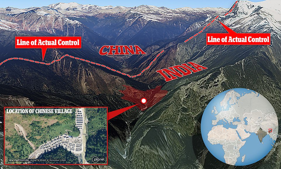 A locator map shows the Chinese village, 2.8 miles inside Indian territory