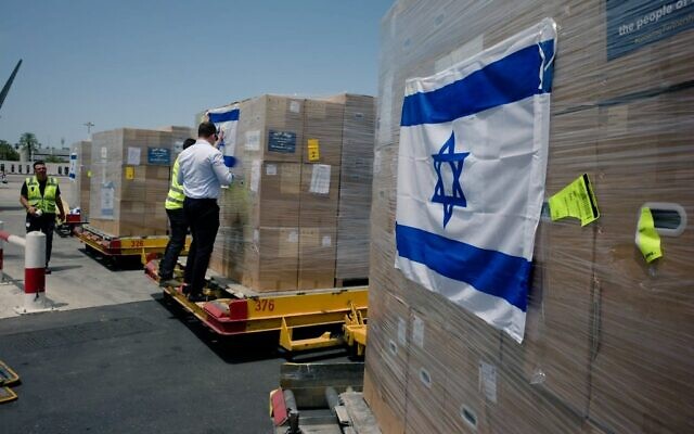 Aid ready to be loaded onto an Indian Air Force plane at Ben Gurion Airport before it is sent to the virus-wracked country, May 8, 2021 (Foreign Ministry)