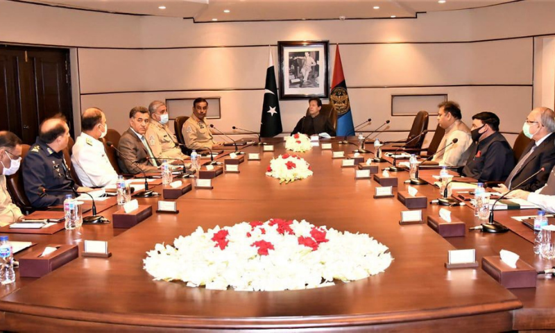 Prime Minister Imran Khan and federal ministers are seen at the Inter-Services Intelligence (ISI) Secretariat on Monday. — Photo courtesy Prime Minister's Office