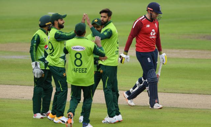 In this file photo, Imad Wasim celebrates the wicket of England's Johnny Bairstow with teammates. — Reuters/File