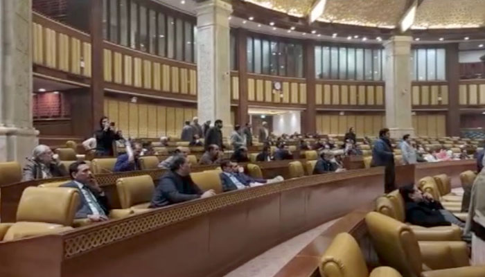 Members are seen sitting inside the Punjab Assembly in Lahore on January 10, 2023. — Screengrab via Geo News