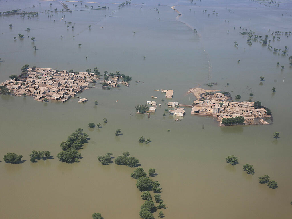 <p>This aerial photograph shows a flooded residential area after heavy monsoon rains in Dadu district of Sindh province.-AFP</p>