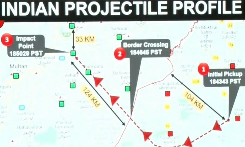 This map shows the projectile of an Indian missile that entered Pakistan and fell in Khanewal district's Mian Channu area on Wednesday. — Photo ISPR