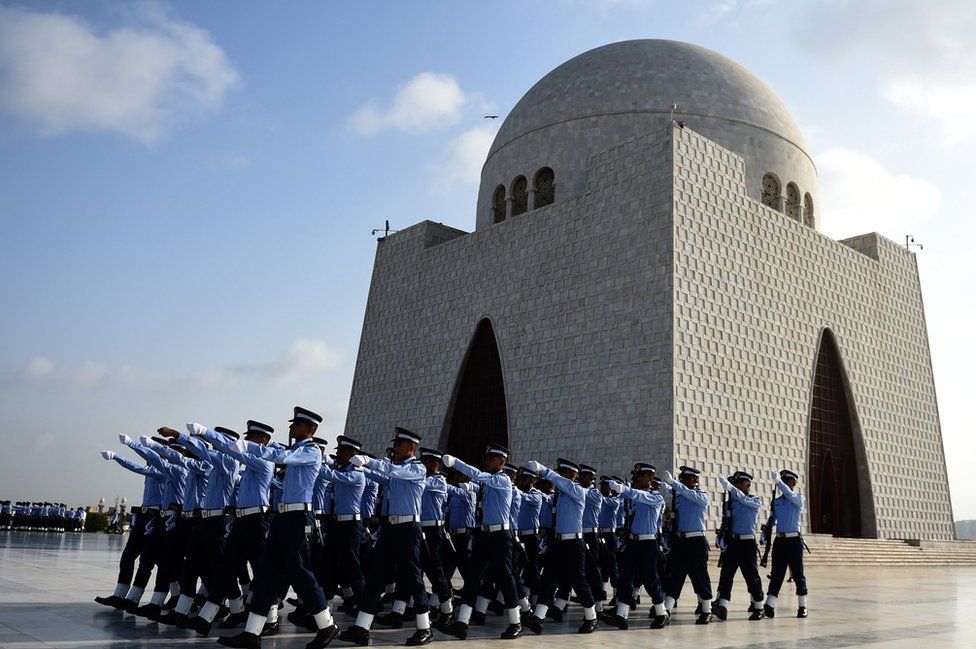 Pakistani Air Force cadets march next to Jinnah's mausoleum in Karachi to mark the country's Defence Day on 6 September, 2017.