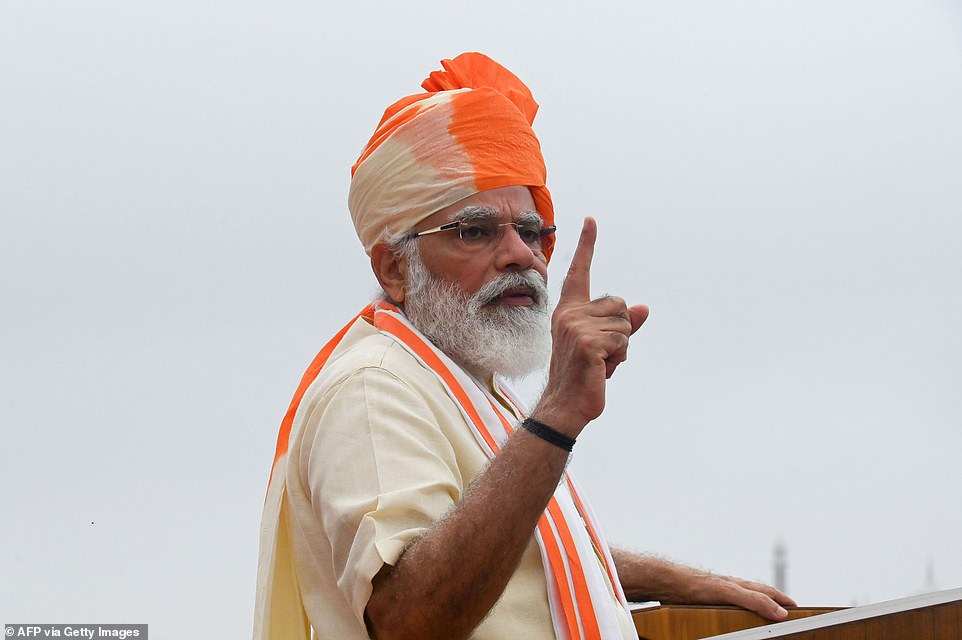 India's Prime Minister Narendra Modi gestures as he delivers a speech to the nation during a ceremony to celebrate India's 74th Independence Day, which marks the end of British colonial rule, at the Red Fort in New Delhi on August 15, 2020