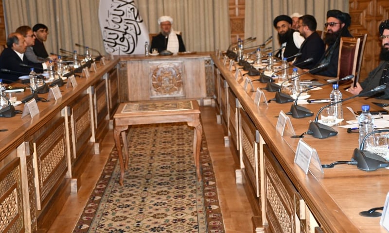 Afghanistan acting Deputy Prime Minister Abdul Salam Hanafi holds talks with the Pakistani delegation led by National Security Adviser (NSA) Moeed Yusuf in Kabul. — Photo courtesy Pakistan Ambassador to Afghanistan Mansoor Ahmad Khan Twitter