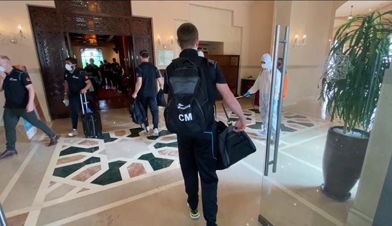 New Zealand team players enter a hotel after arriving in Islamabad on Saturday. — Picture courtesy: PCB