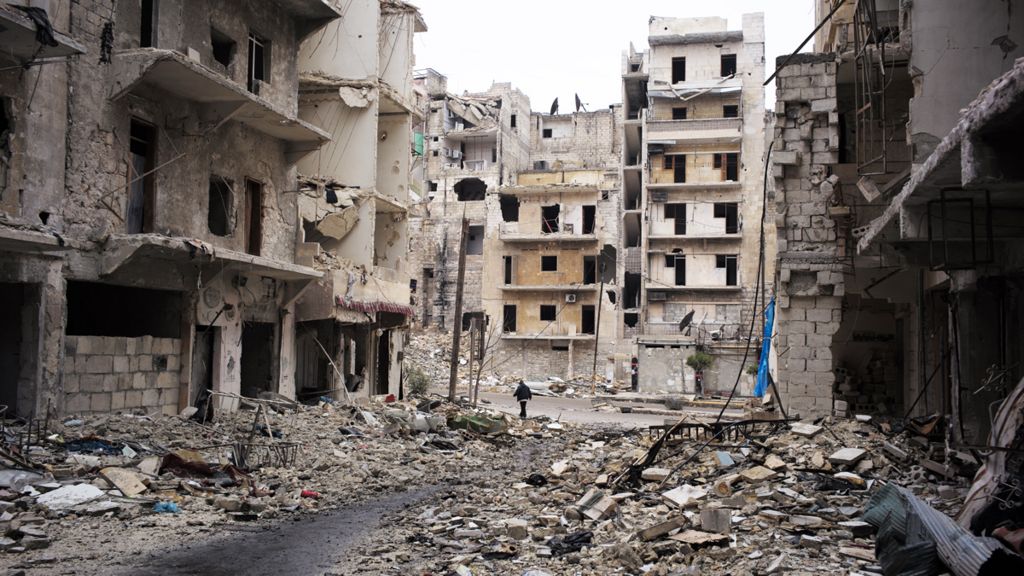 A devastated street in Aleppo, Syria, January 2017