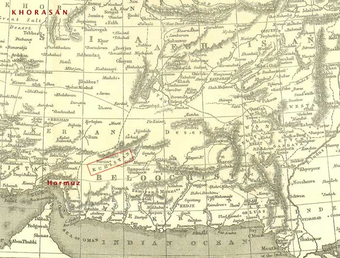 Balochistan 1870 CE. Note Kuhistan (red box) in Western Sistan & Balochistan (Beloochistan) just north-east of Hormuz. This is the only Kuhistan noted on the map.