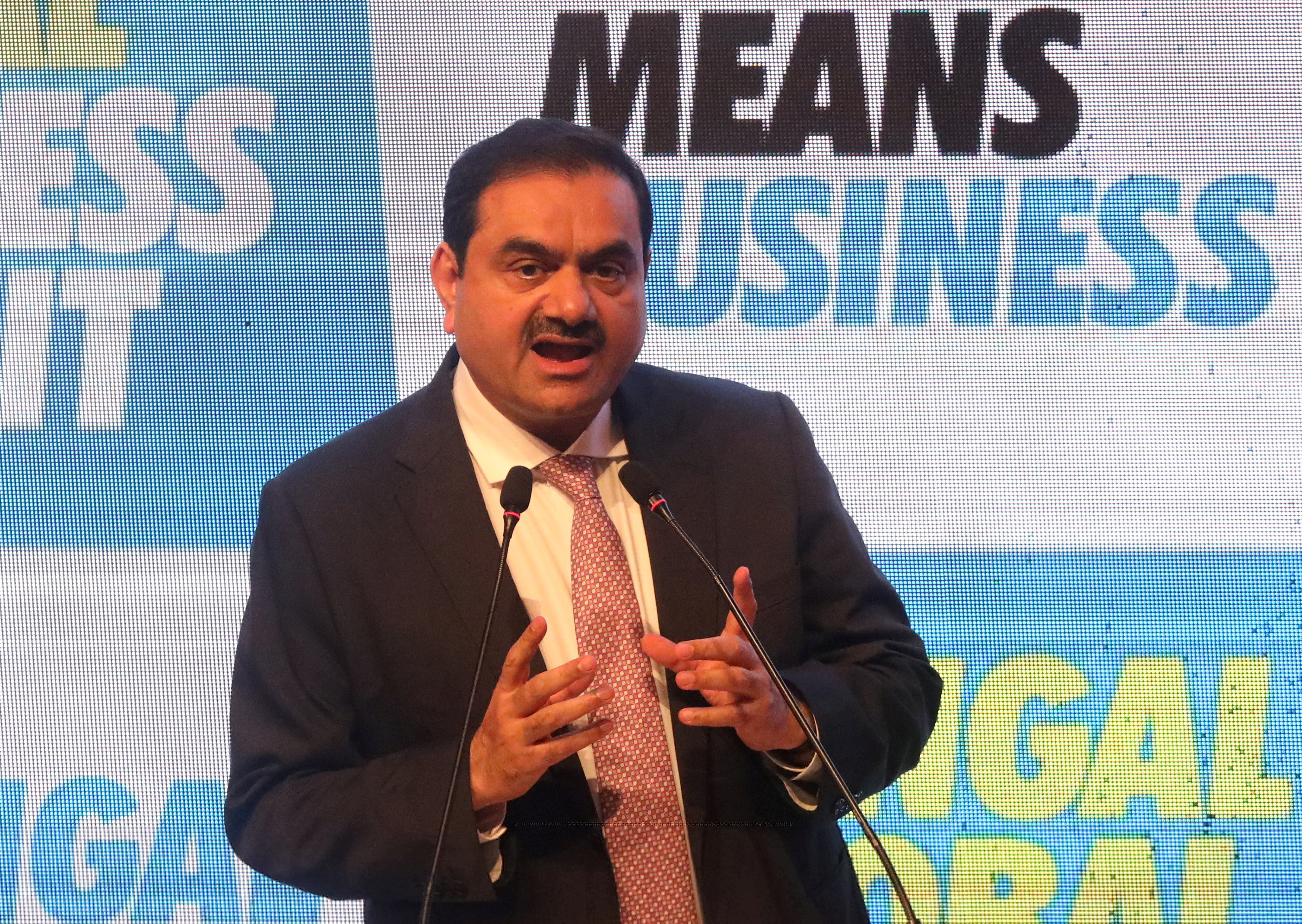 Indian billionaire Gautam Adani addresses delegates during the Bengal Global Business Summit in Kolkata