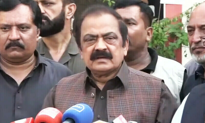 Interior Minister Rana Sanaullah speaks to media in Faisalabad on Sunday. — DawnNewsTV