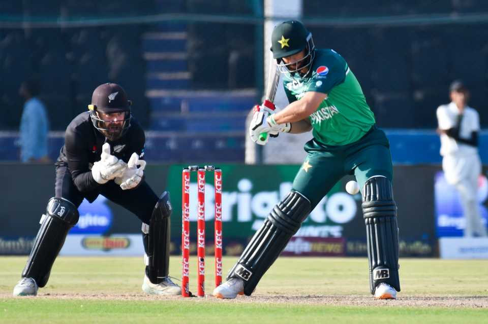 Agha Salman plays a shot during his partnership with Babar Azam