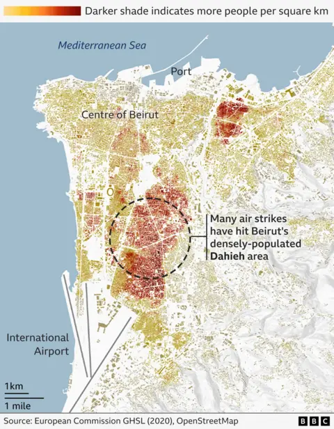 A map showing the population density of Beirut. The neighbourhood of Dahieh in the south of Beirut appears as a dark red area, indicating a densely-populated suburb.