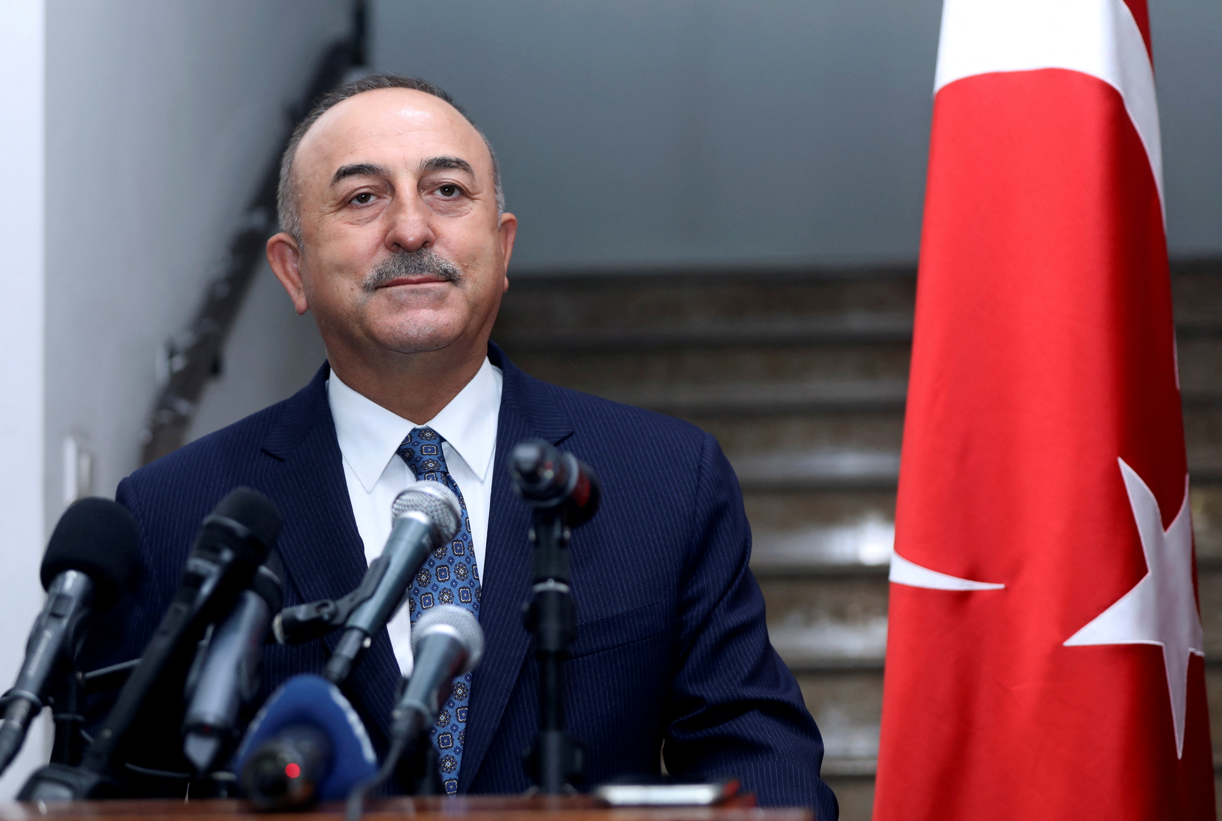 Turkish Foreign Minister Mevlut Cavusoglu attends a news conference with Lebanese Foreign Minister Abdallah Bou Habib in Beirut, Lebanon November 16, 2021. REUTERS/Mohamed Azakir/File photo