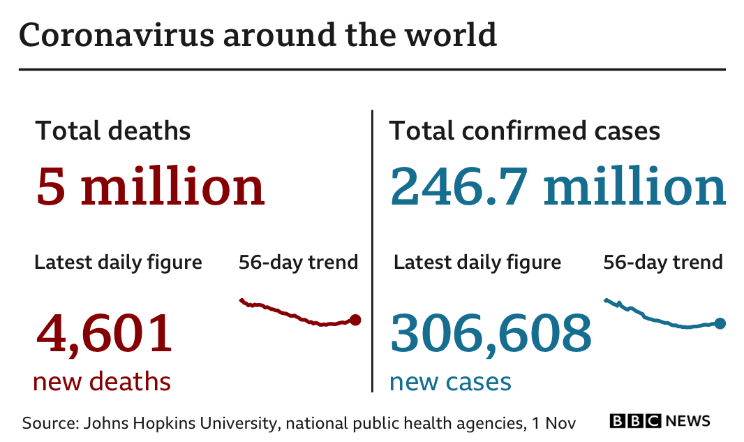 Graphic showing the number of deaths worldwide is five million, up 4,601 in the latest 24-hour period. The number of cases is 246.7 million, up by 306,608 in the latest 24-hour period. Updated 1 Nov