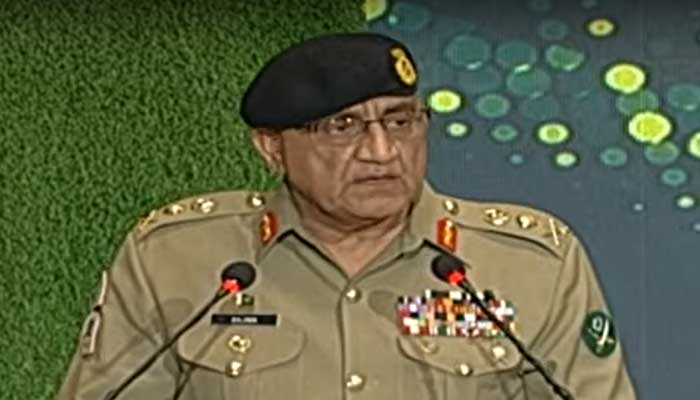 Chief of Army Staff General Qamar Javed Bajwa addresses the Defence and Martyrs day ceremony at the General Headquarters in Rawalpindi. — Screengrab/YouTube/PTV News Live