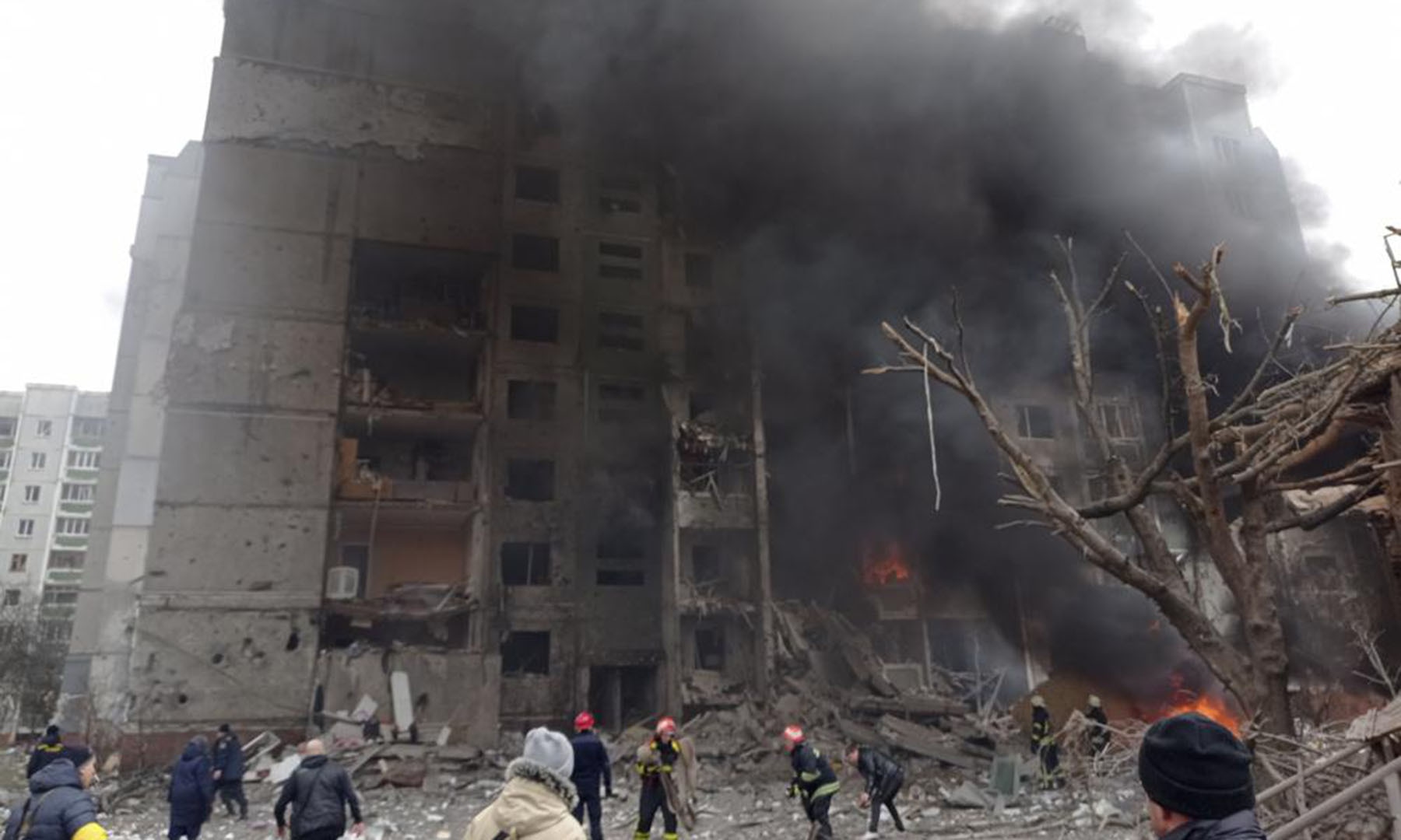 Firefighters work to extinguish a fire at a damaged city centre after a Russian air raid in Chernigiv, Ukraine on Thursday. — AP